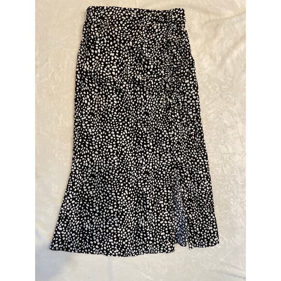 YOZY Polka Dot Print Midi Skirt Black White L Flowy Slit Dotted A-Line Side Tie - Picture 1 of 6